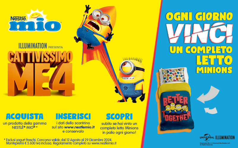 Acquista Nestlé Mio e vinci! Ogni giorno puoi vincere un completo letto Minions.