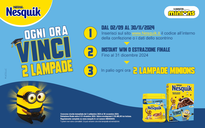 Vinci ogni ora due lampade Minions con Nesquik e Cereali